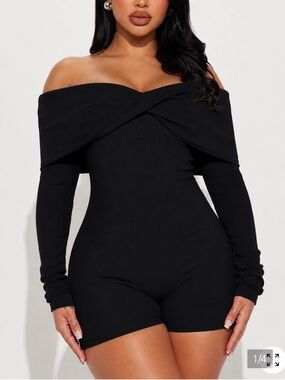 NWOT Fashion Nova Snatched Black Ribbed Off-Shoulder Romper